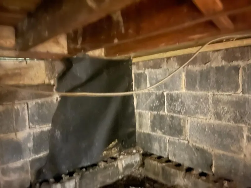 Philadelphia crawlspace mold inspection showing a torn vapor barrier against a block foundation wall