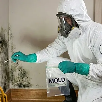 Mold inspector in a protective suit taking samples during mold testing in Philadelphia, Dallas and Fort Worth